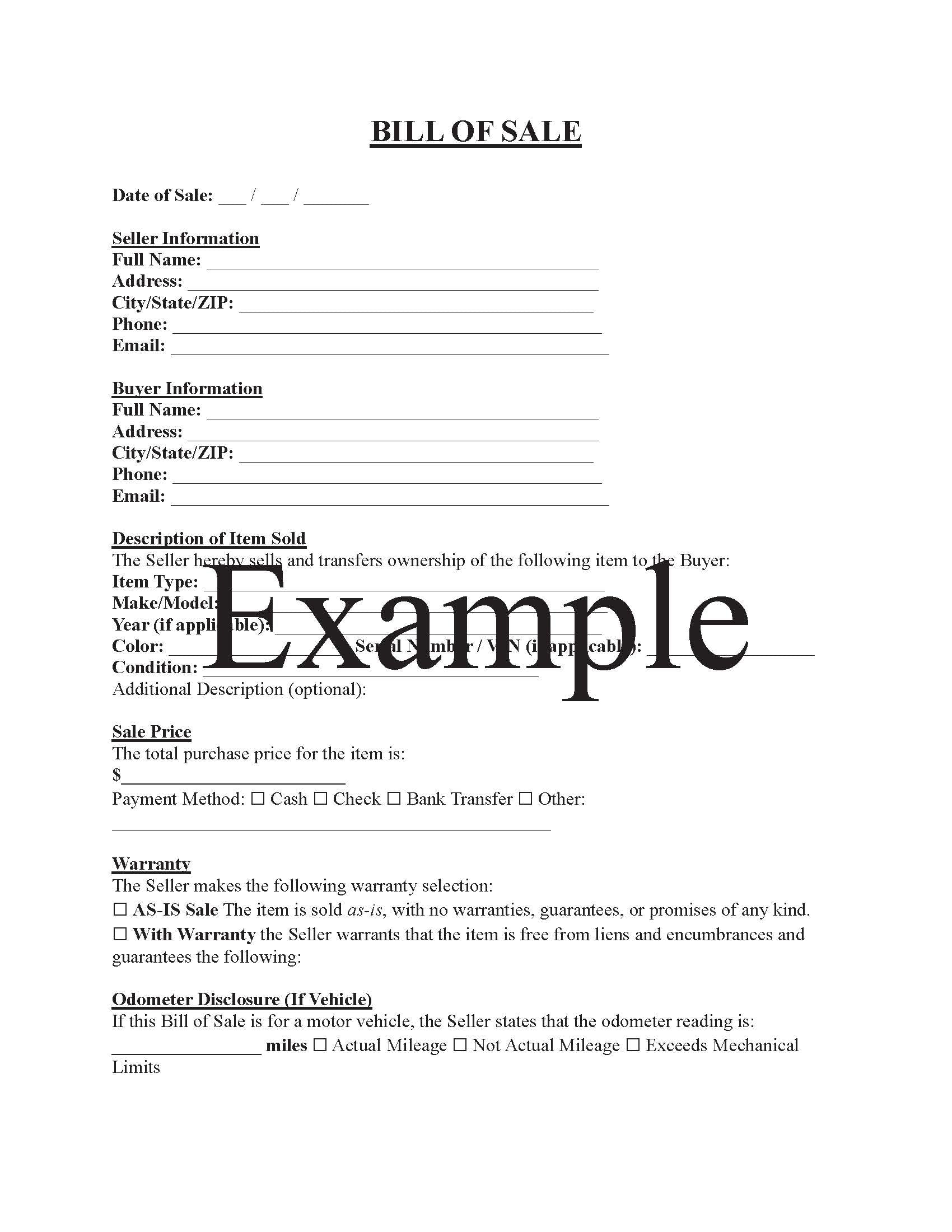 Bill of Sale Template with Guide