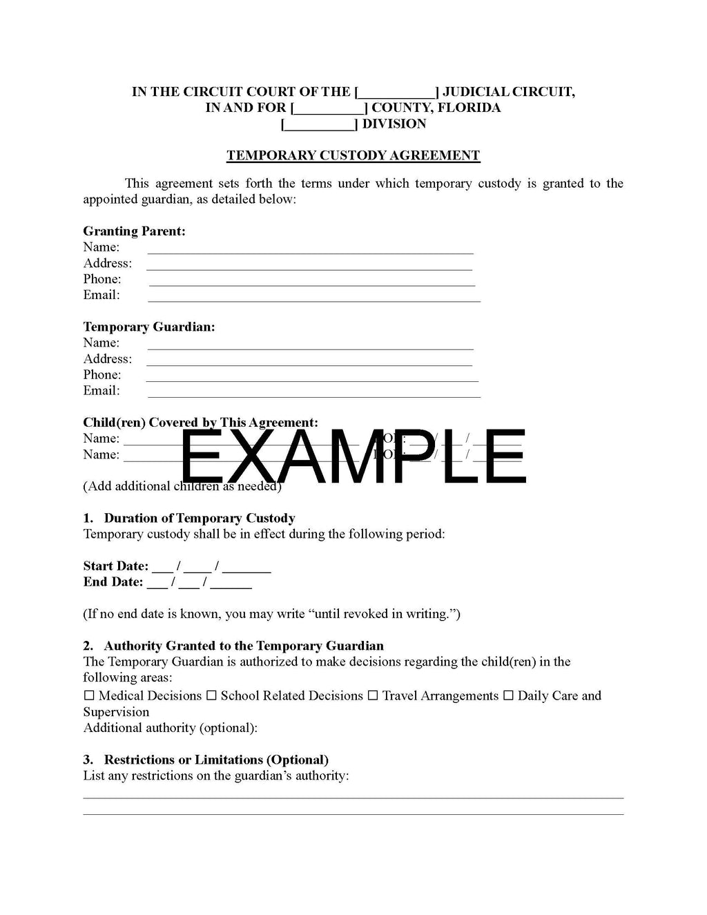 Temporary Custody Agreement with Guide
