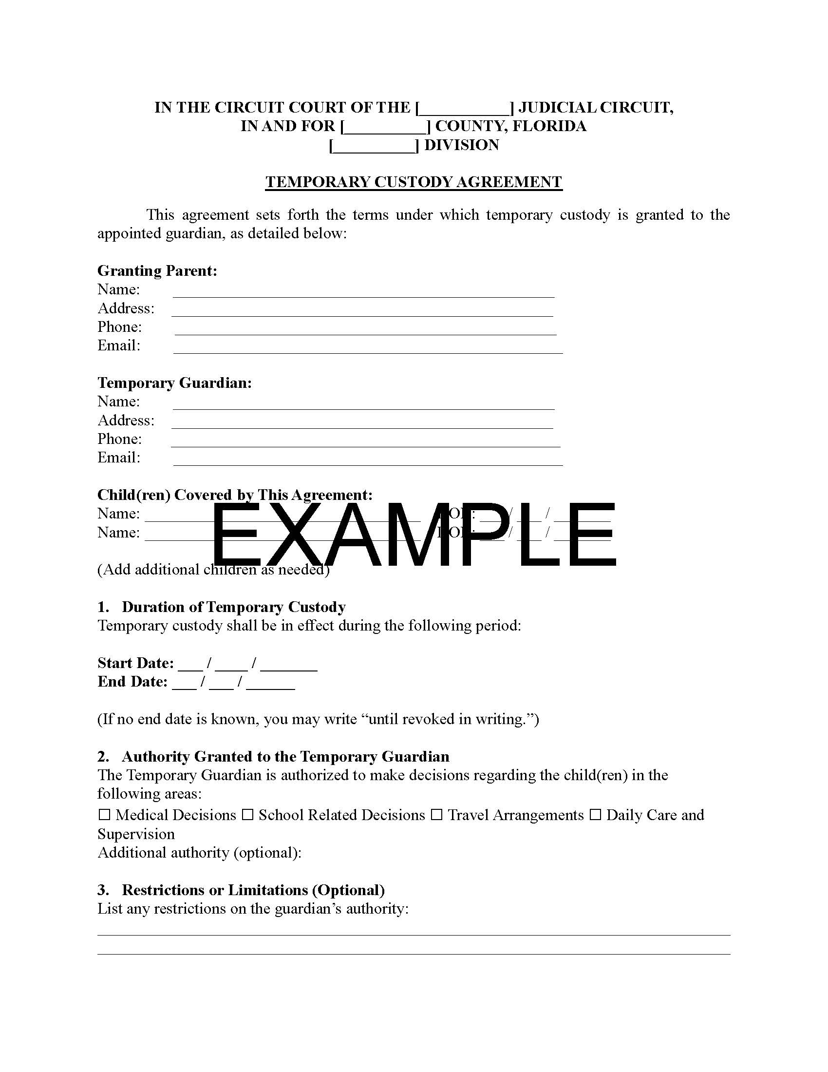 Temporary Custody Agreement with Guide